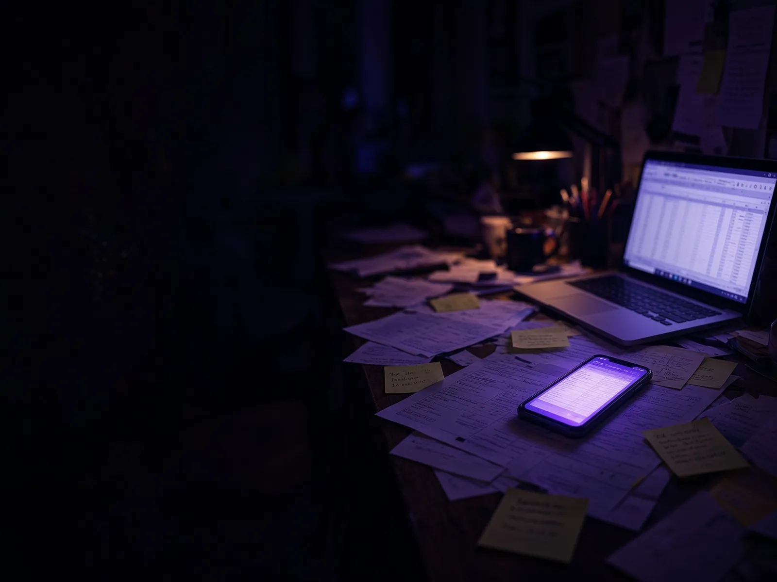 Schreibtisch eines Handwerkers nachts: Rechnungen, Notizzettel, Laptop mit Tabelle und ein leuchtendes Handy