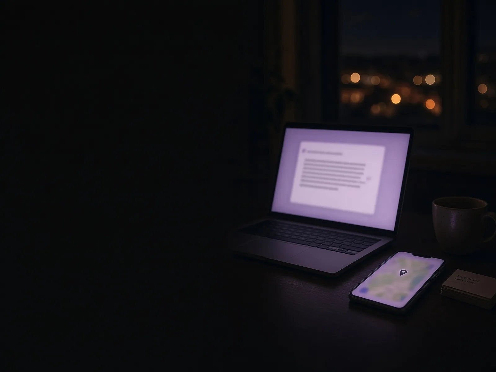 Schreibtisch spät abends: Laptop mit Chatfenster, Handy mit Kartenpin, daneben Visitenkarten und eine Tasse