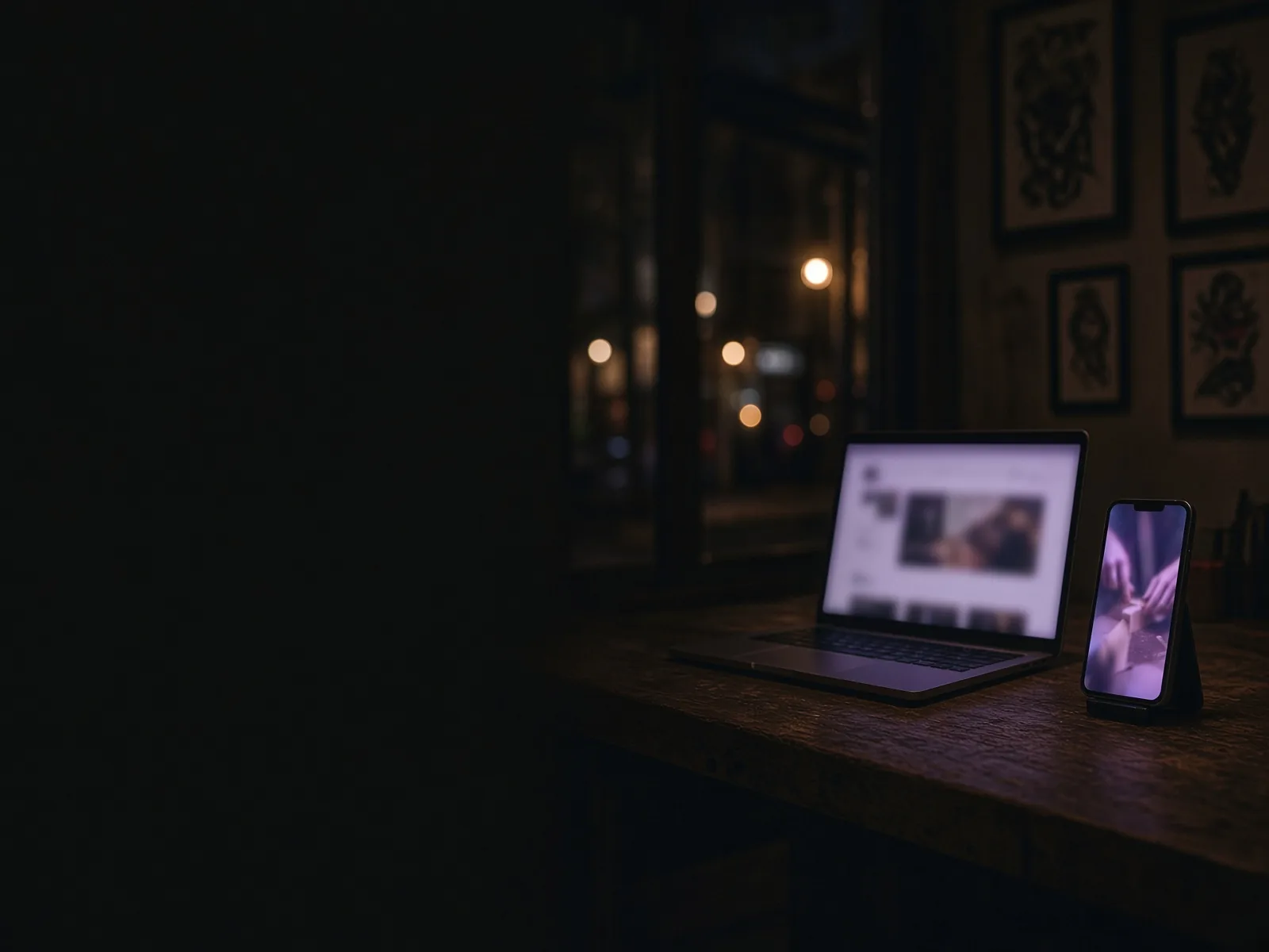 Empfangstresen eines Tattoo-Studios nachts mit aufgeklapptem Laptop und Handy, an der Wand gerahmte Motive