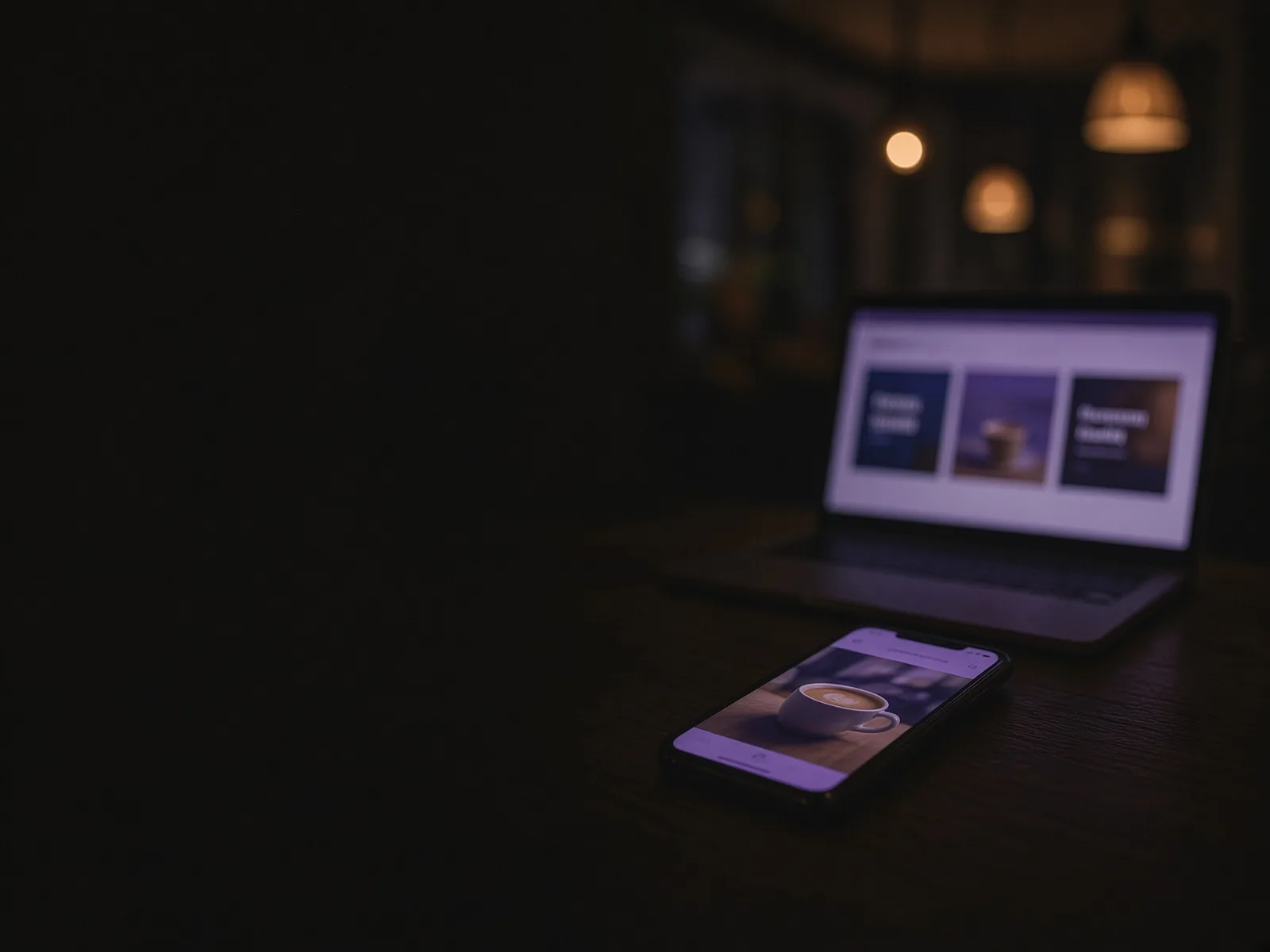 Café-Theke nach Feierabend: ein Handy mit dem Foto einer Kaffeetasse, dahinter ein Laptop mit einer Seite in drei Blöcken