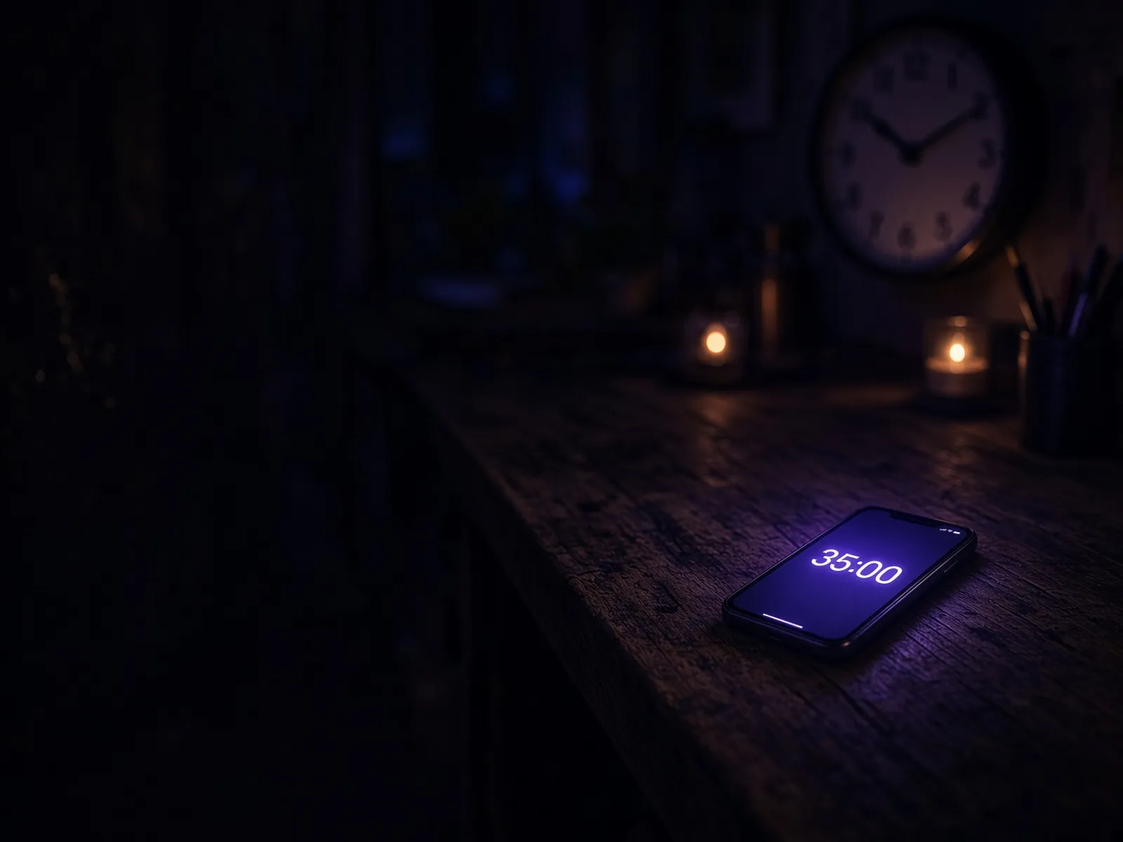 Werkbank in einer dunklen Werkstatt, ein Handy zeigt einen Timer, im Hintergrund eine Wanduhr