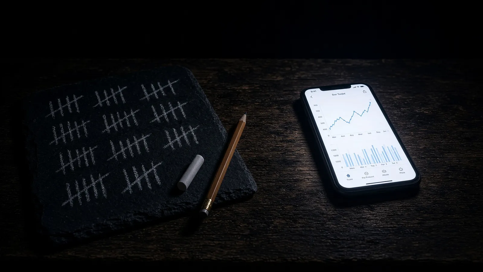 Schiefertafel mit Strichlisten neben einem Handy mit Diagramm
